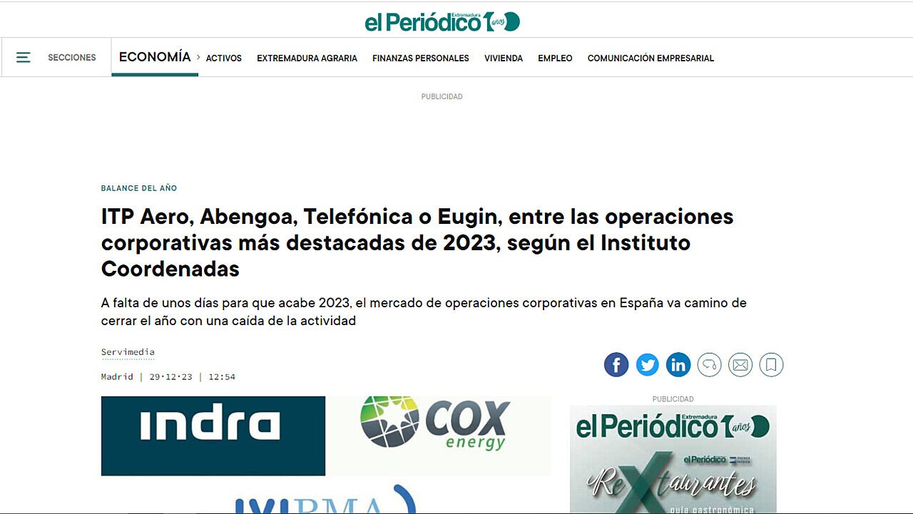 ITP Aero, Abengoa, Telefnica o Eugin, entre las operaciones corporativas ms destacadas de 2023, segn el Instituto Coordenadas